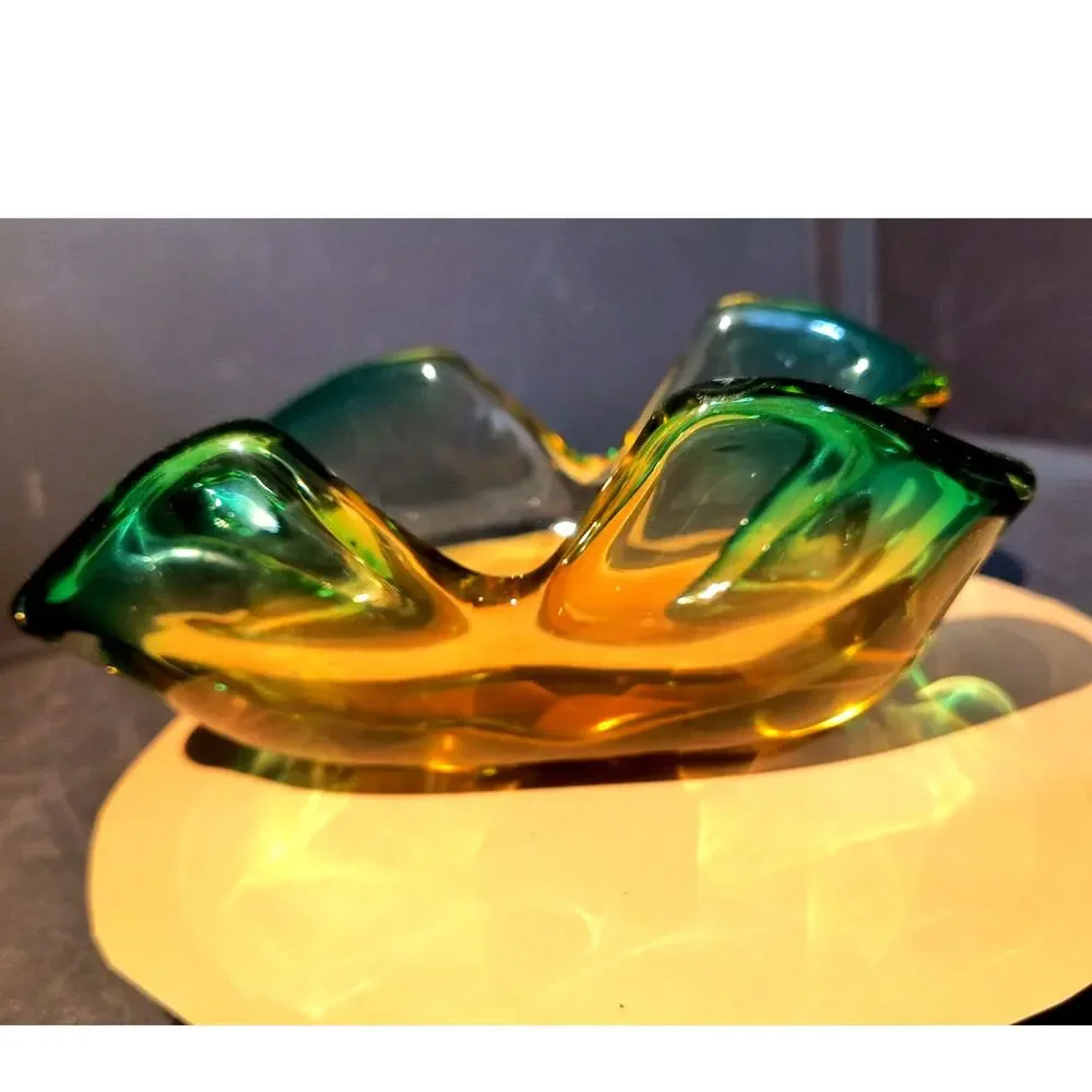 597. Murano Style Art Glass Bowl Dish Green and Amber Glows